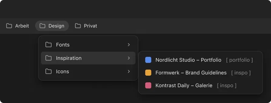 Chrome bookmarks bar showing example folders and an open Design folder with example bookmarks