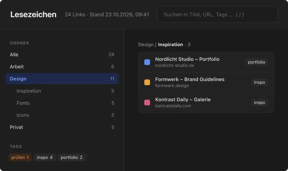 Dark local bookmark viewer showing example folders, bookmark titles and tag filters