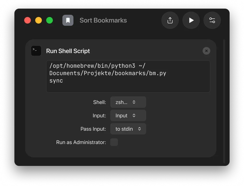 macOS Shortcuts editor showing a shortcut named Sort bookmarks that runs the local bm.py sync command
