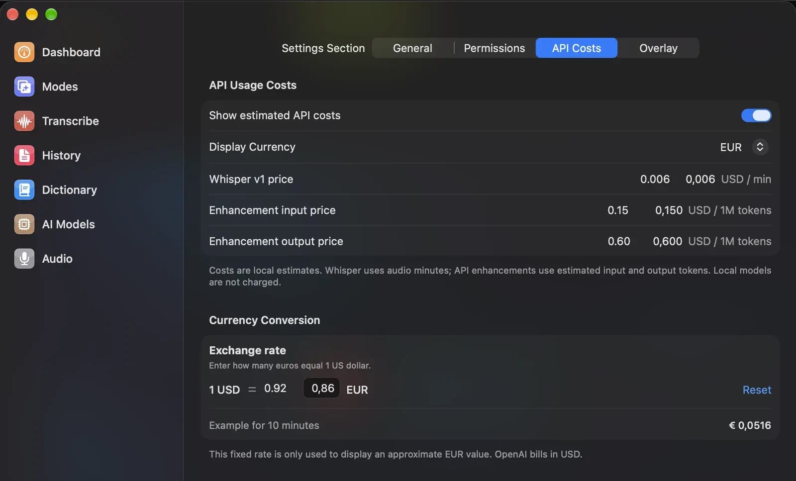 VoiceInk settings for API usage costs: Whisper price per minute, enhancement token prices and a USD to EUR exchange rate