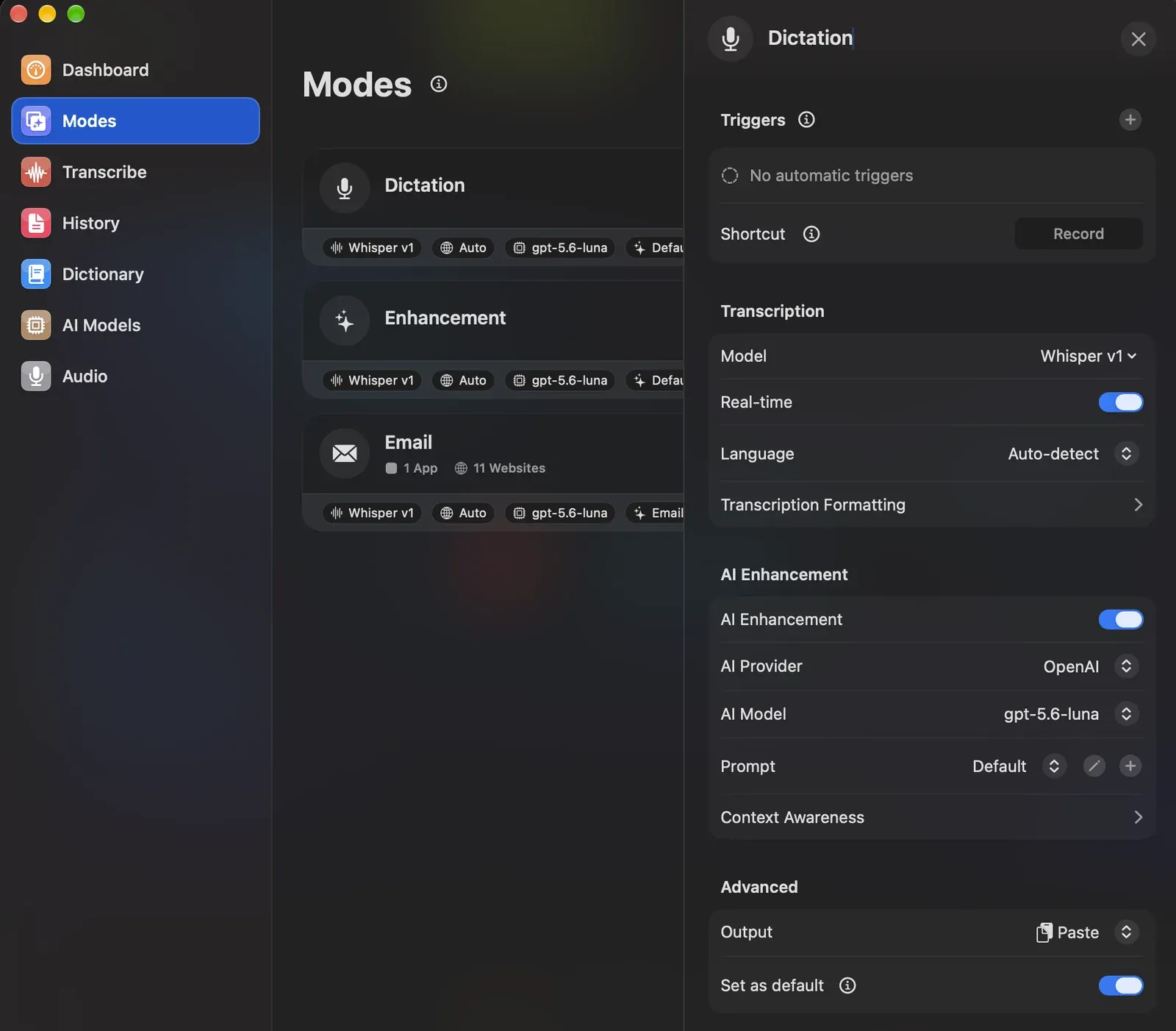 VoiceInk modes with Whisper v1 as transcription model, real-time preview switched on and AI enhancement via OpenAI