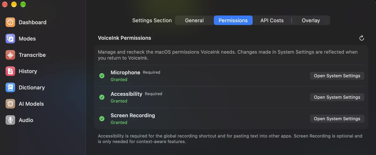 VoiceInk permissions tab listing microphone, accessibility and screen recording as granted, each with a button to open System Settings